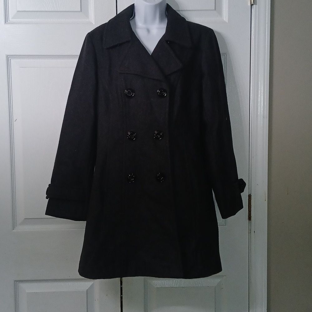 Anne Klein wool blend double breasted charcoal gray pea coat  Sz L NWOT